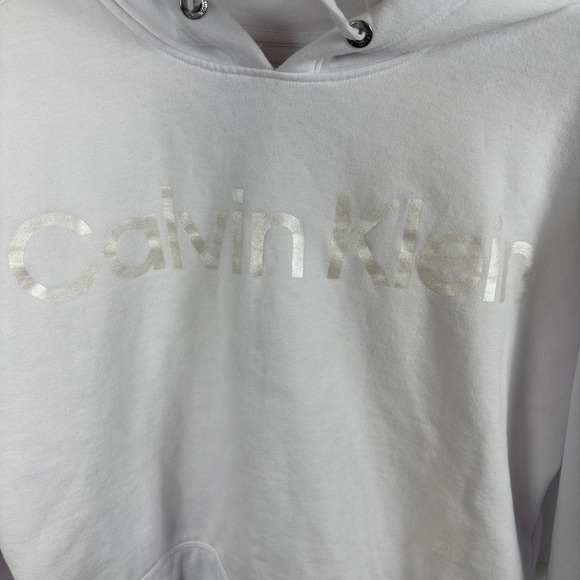 Calvin Klein Jeans White Cropped Hoodie Sweatshirt Big Logo Boxy Y2K Women's M - Picture 2 of 5